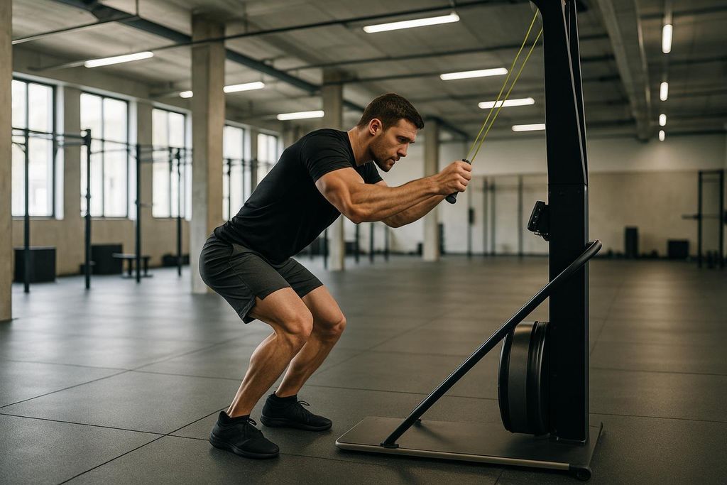 An athlete working out on a SkiErg machine, demonstrating the powerful pulling motion required for the HYROX station.