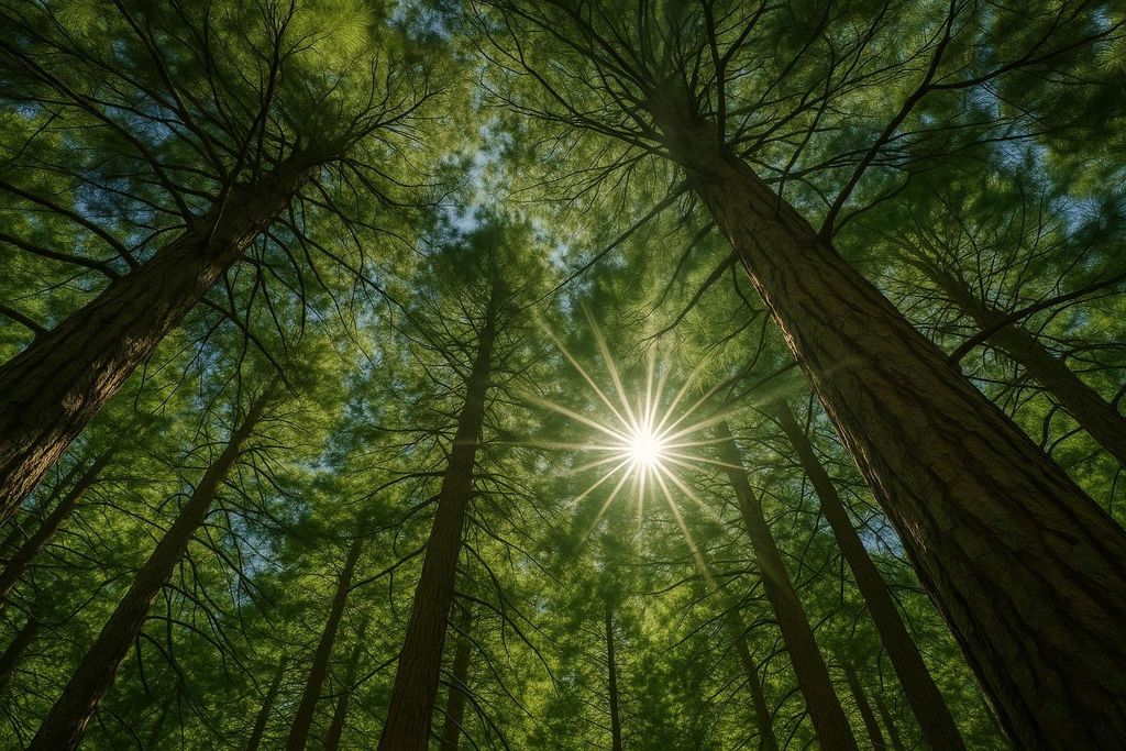 Looking up into a dense pine forest canopy with bright sunbeams filtering through the green needles, creating a starburst effect.