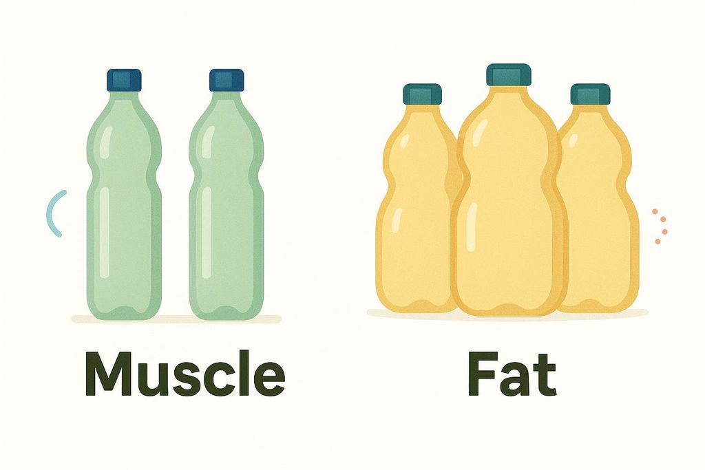 An illustration comparing the volume of muscle and fat. On the left, two green bottles labeled 'Muscle' represent muscle volume. On the right, three yellow bottles labeled 'Fat' represent fat volume, visually demonstrating that the same weight of fat takes up more space than muscle.
