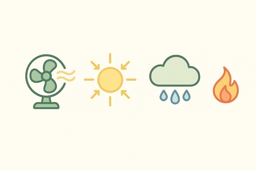 Four icons representing a fan with air currents, a shining sun with radiating arrows, a rain cloud with raindrops, and a stylized flame.