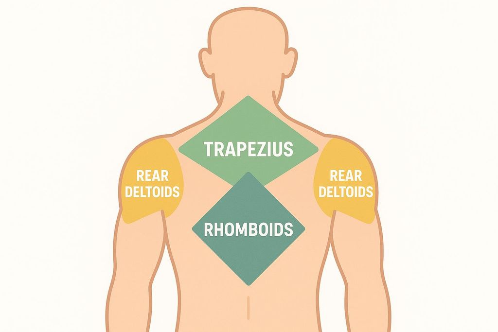 An anatomical diagram illustrating the back muscles, specifically labeling the trapezius (green diamond at the top), rhomboids (green diamond below the trapezius), and rear deltoids (yellow shapes on either shoulder blade).