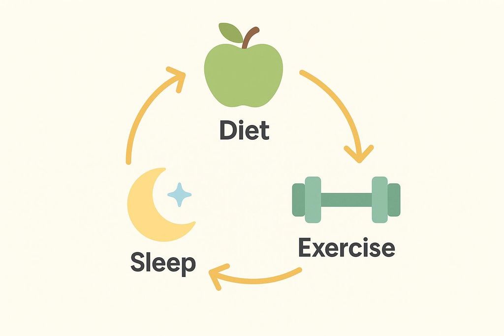 A circular diagram illustrating the wellness cycle, with icons and text for Diet (green apple), Exercise (green dumbbell), and Sleep (yellow crescent moon and star), connected by orange arrows indicating a continuous loop.