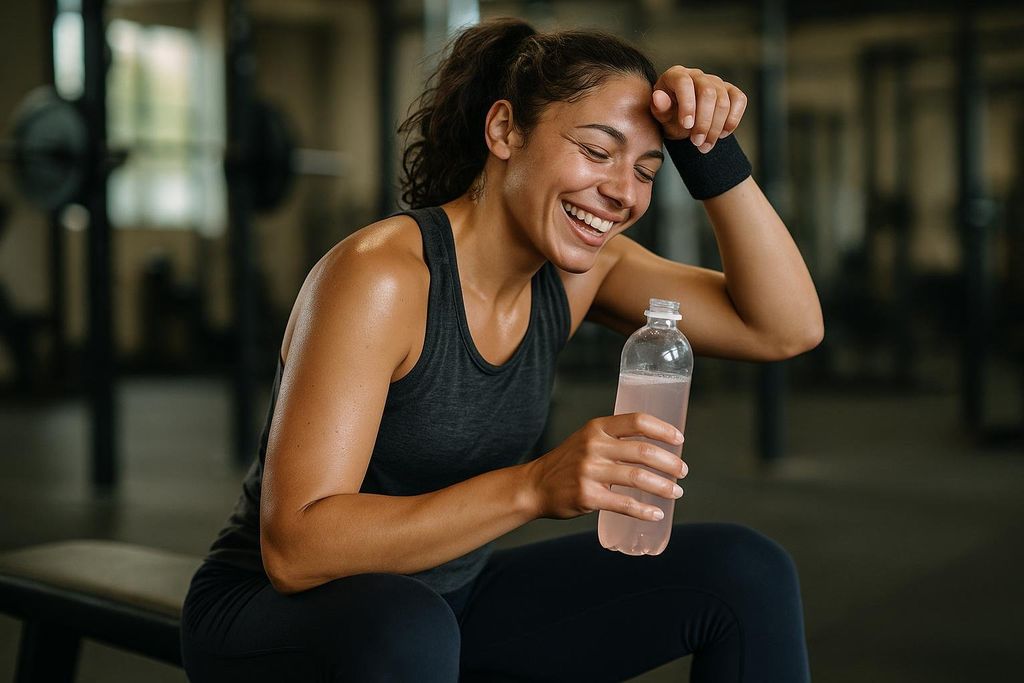A smiling and sweaty woman with her hair pulled back in a ponytail, wearing a black tank top and wristband, holding a bottle of pink protein water and resting her arm on her head after a workout at the gym.