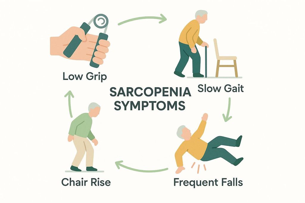 A diagram illustrating four main sarcopenia symptoms. These are: Low Grip, depicted by a hand squeezing a hand gripper; Slow Gait, shown by an elderly person using a cane; Chair Rise, an elderly person struggling to stand from a chair; and Frequent Falls, an elderly person lying on the ground after a fall. Green arrows indicate a cycle between these symptoms.