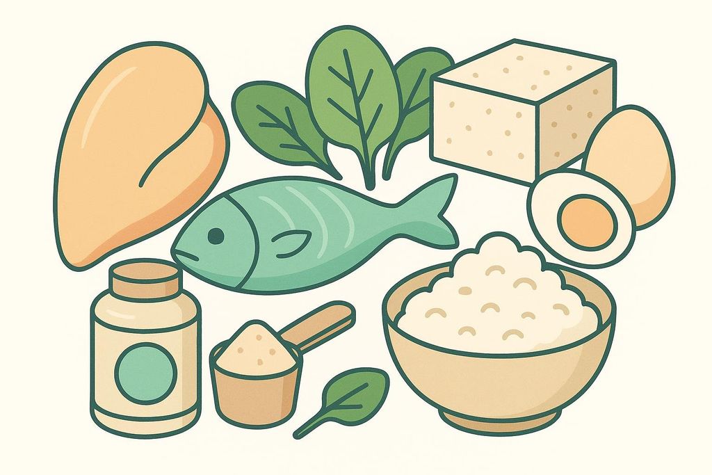An illustration showing various protein-rich foods including chicken breast, fish, spinach, tofu, eggs, protein powder in a jar and scoop, and a bowl of cottage cheese or rice.