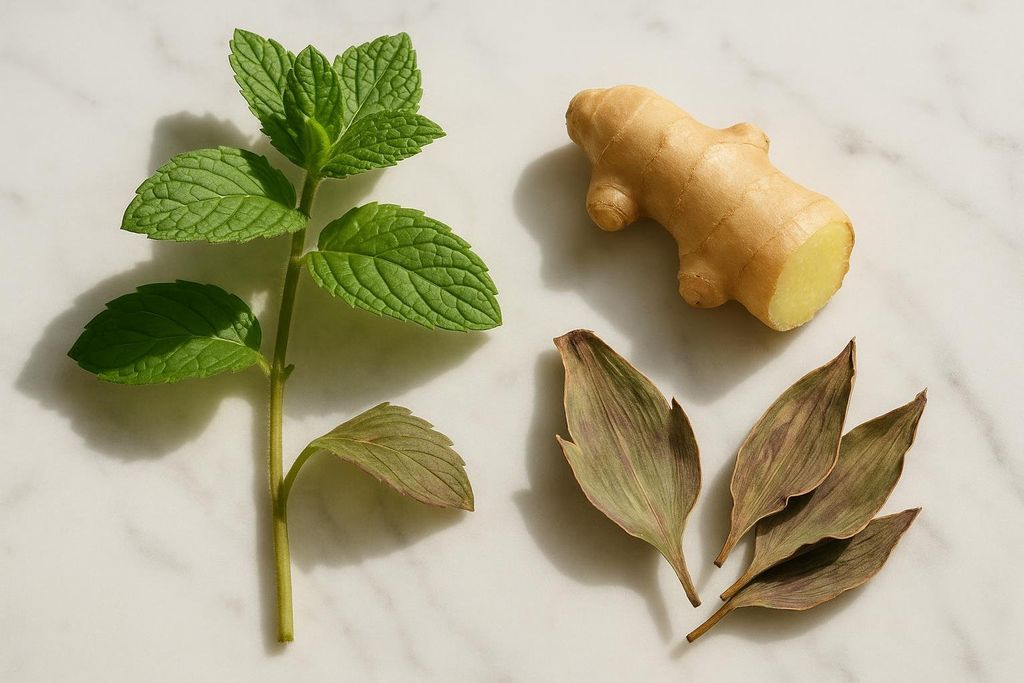 A close-up overhead shot of a peppermint sprig, a piece of ginger root cut open, and several dried artichoke leaves are arranged on a white marble surface, highlighting natural ingredients used for digestion.