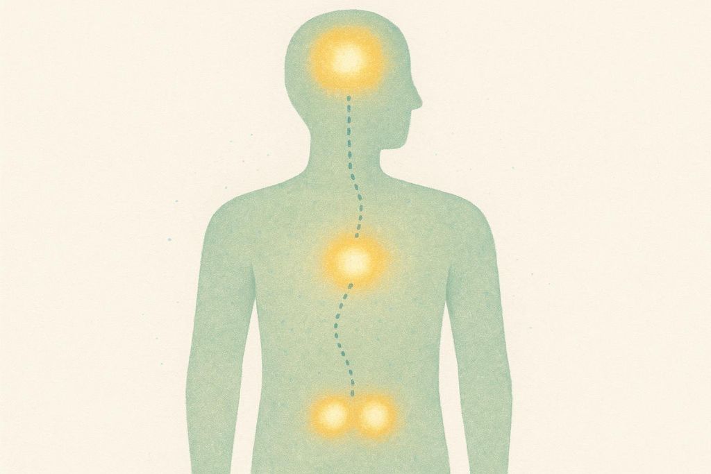 An illustration of a human body outline, viewed from the back, with three glowing circular nodes. One node is in the head, one in the upper back, and two in the lower back, connected by a dashed line.
