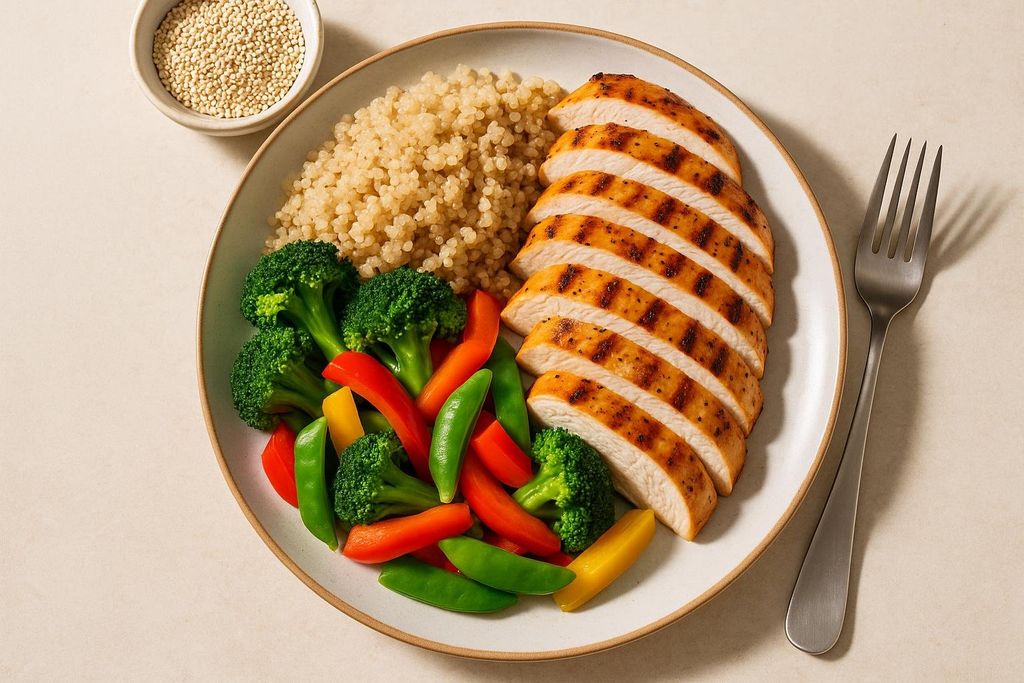 Sliced grilled chicken breast with quinoa, broccoli, red and yellow bell peppers, and snap peas on a plate.