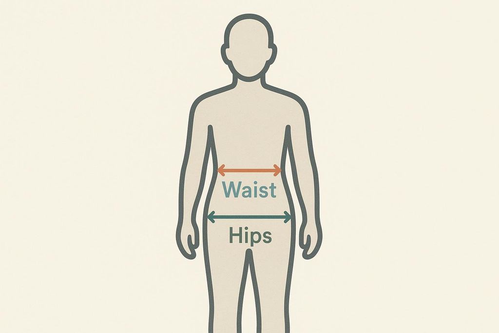 Stylized illustration labeling the waist and hips with bracket arrows.