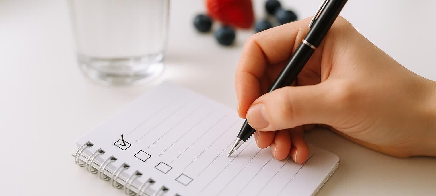 Hand writing a checklist on a notepad, with healthy items like water and berries nearby.