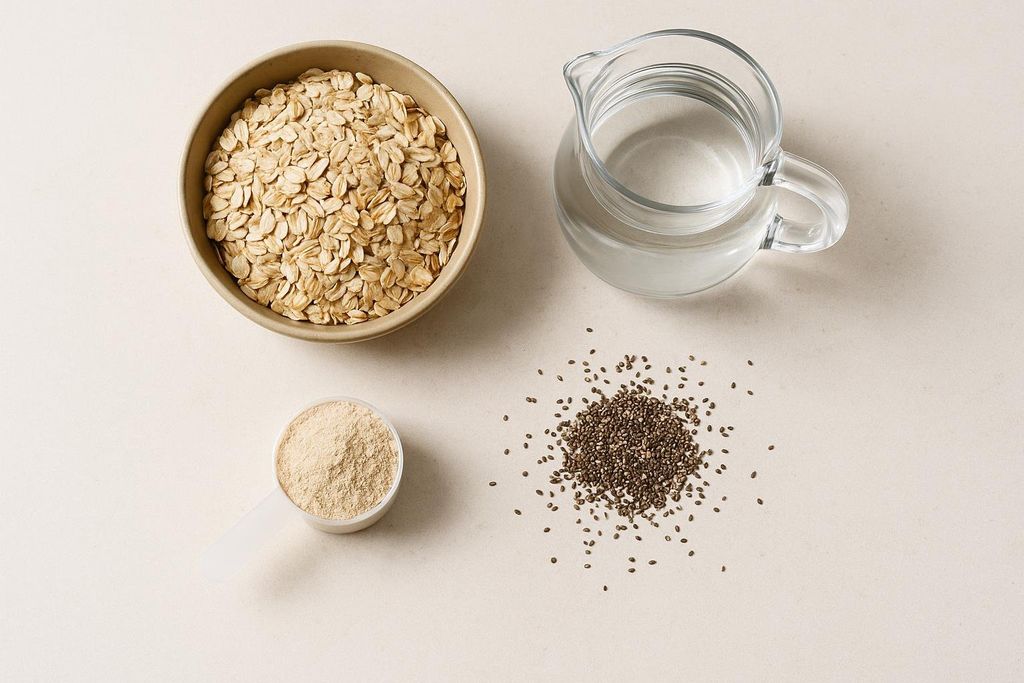 Ingredients for an oat drink, including a bowl of rolled oats, a pitcher of water, a scoop of protein powder, and a pile of chia seeds, are neatly arranged on a light-colored counter.