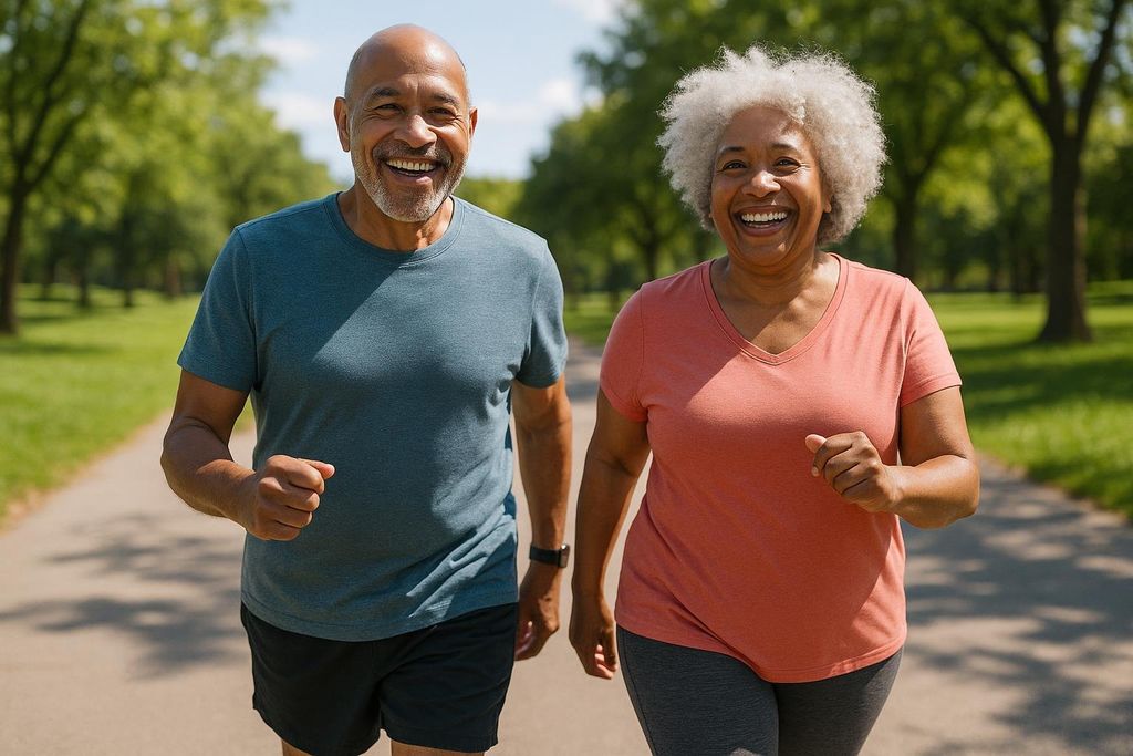 A happy older couple, smiling and laughing, jogs together on a paved path in a sunny park with green trees.