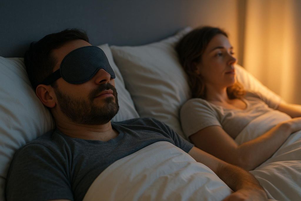 A man wearing a dark eye mask sleeps soundly in bed, while the woman next to him is awake, gently illuminated by a warm light from a window or lamp.