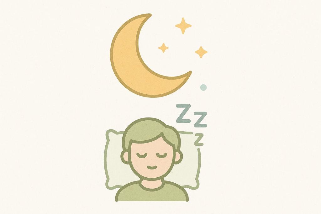 An illustration symbolizing the importance of sleep for recovery and fat loss, featuring a person sleeping peacefully under a crescent moon with stars and Zz's floating above.
