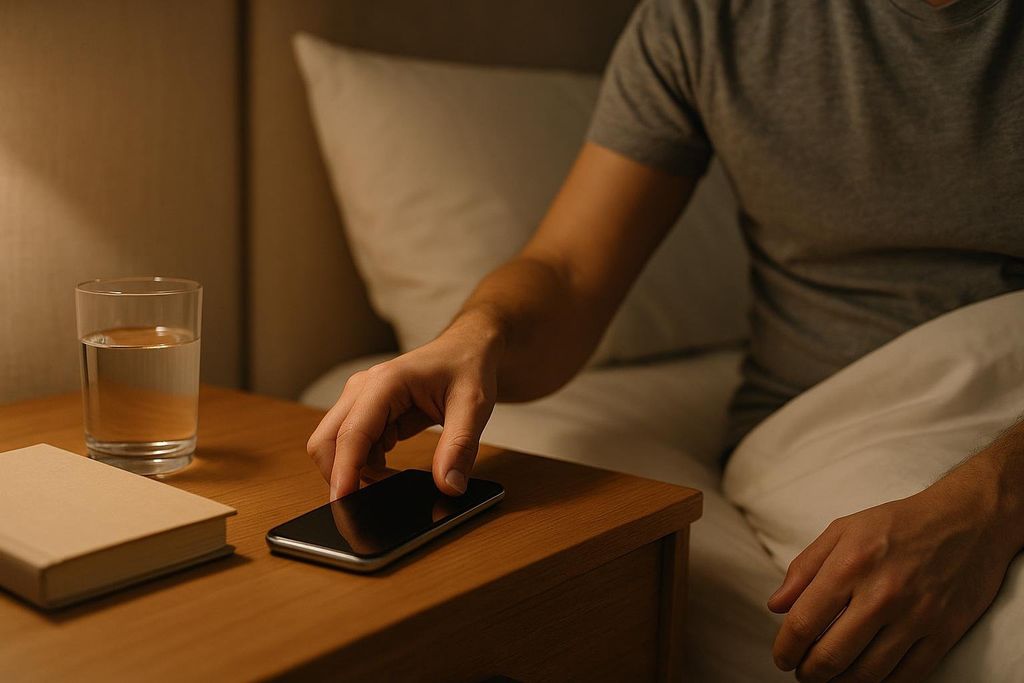 A person in a gray t-shirt sitting in bed, placing their smartphone face down on a wooden nightstand next to a glass of water and a book, signaling an end to screen time before sleep.