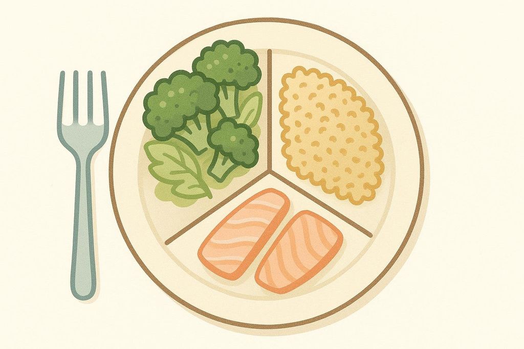 An illustration of a plate divided into three sections: one with broccoli and leafy greens, one with a grain resembling rice or quinoa, and one with two pieces of salmon. A fork rests to the left of the plate.