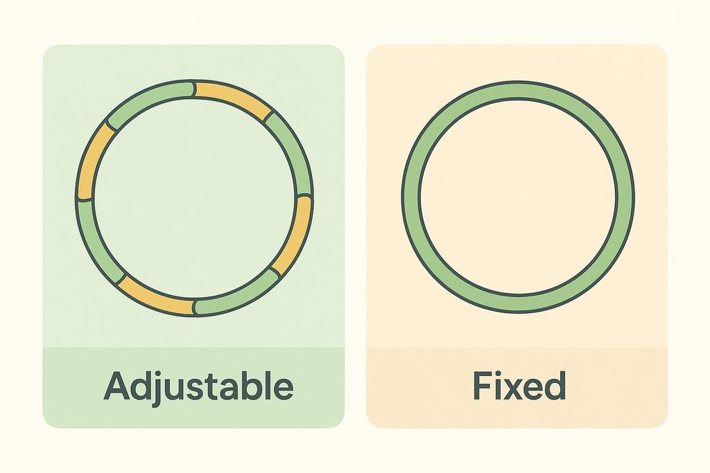 A diagram comparing an adjustable segmented hoop with alternating green and orange segments to a fixed solid green hoop. The adjustable hoop is labeled 'Adjustable' and the solid hoop is labeled 'Fixed'.