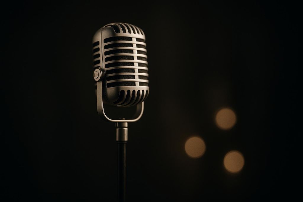 A vintage-style studio microphone, metallic and silver, standing on a dark background with blurred, warm-toned lights in the distance. The microphone suggests professionalism and classic audio recordings.