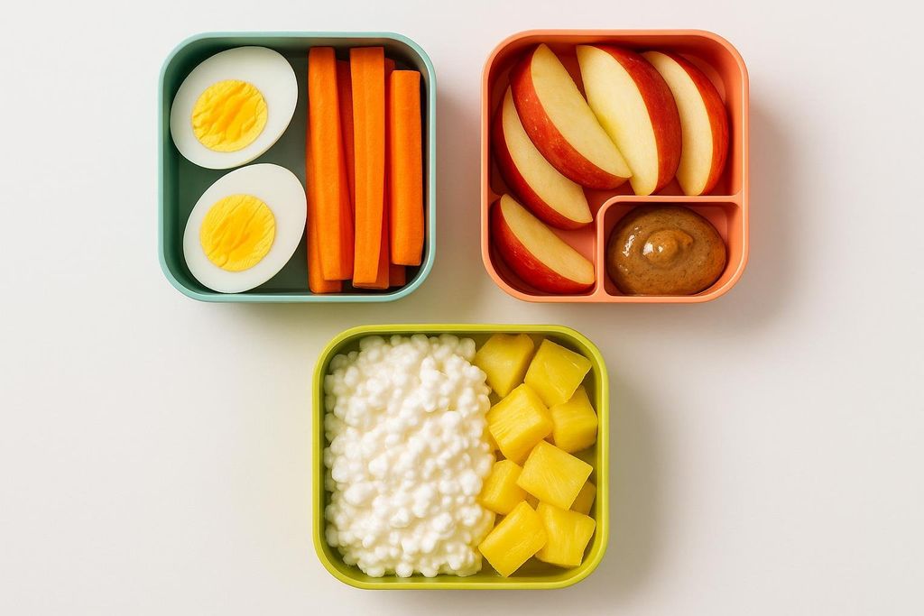 Top-down view of three colorful bento-style snack boxes. The blue box contains hard-boiled eggs and carrot sticks. The orange box holds apple slices and a small portion of nut butter. The green box has cottage cheese and pineapple chunks.