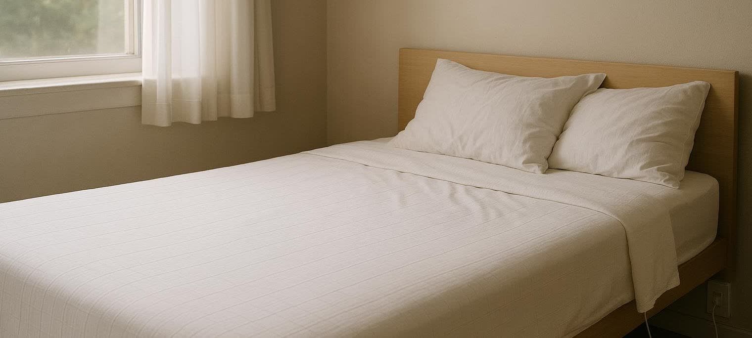 A comfortable bed fitted with a grounding sheet connected to a wall outlet in a sunlit room.
