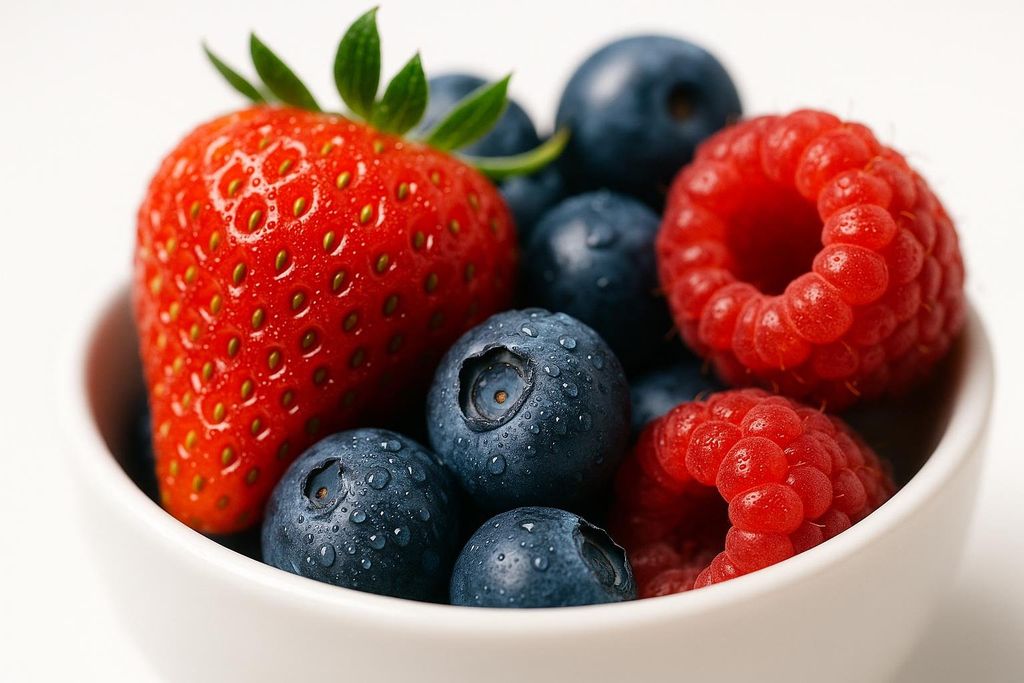 A close-up view of a white bowl filled with fresh, wet berries, including a large red strawberry, several dark blue blueberries, and a red raspberry. The berries have water droplets on their surface, indicating they have been recently washed.