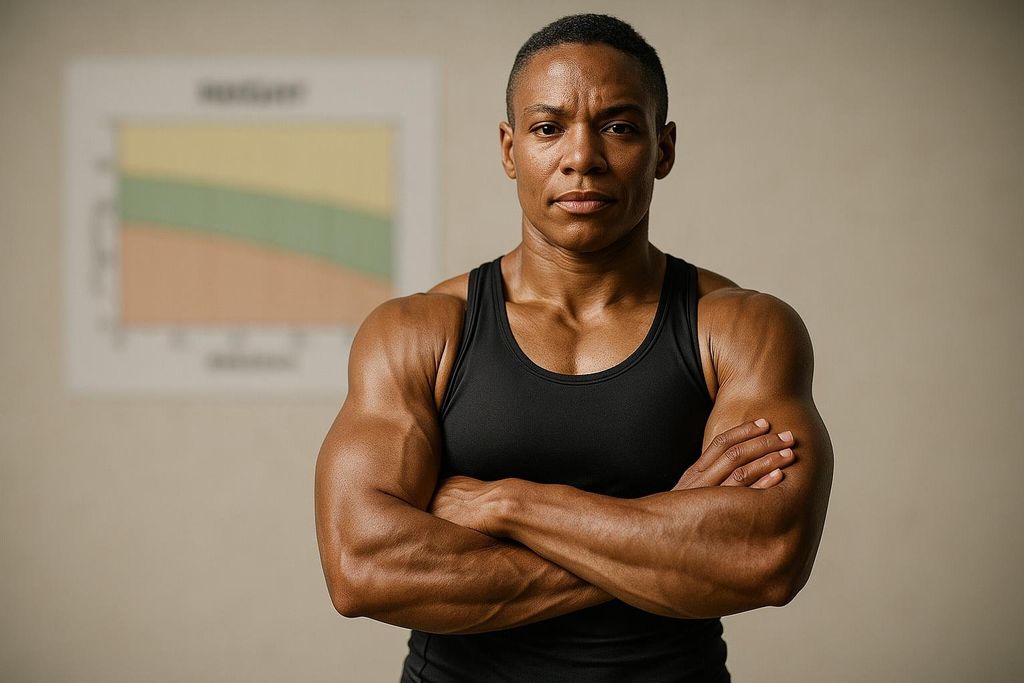 A muscular athlete with arms crossed, standing in front of a blurred and unreadable chart, illustrating potential misclassification in health data.