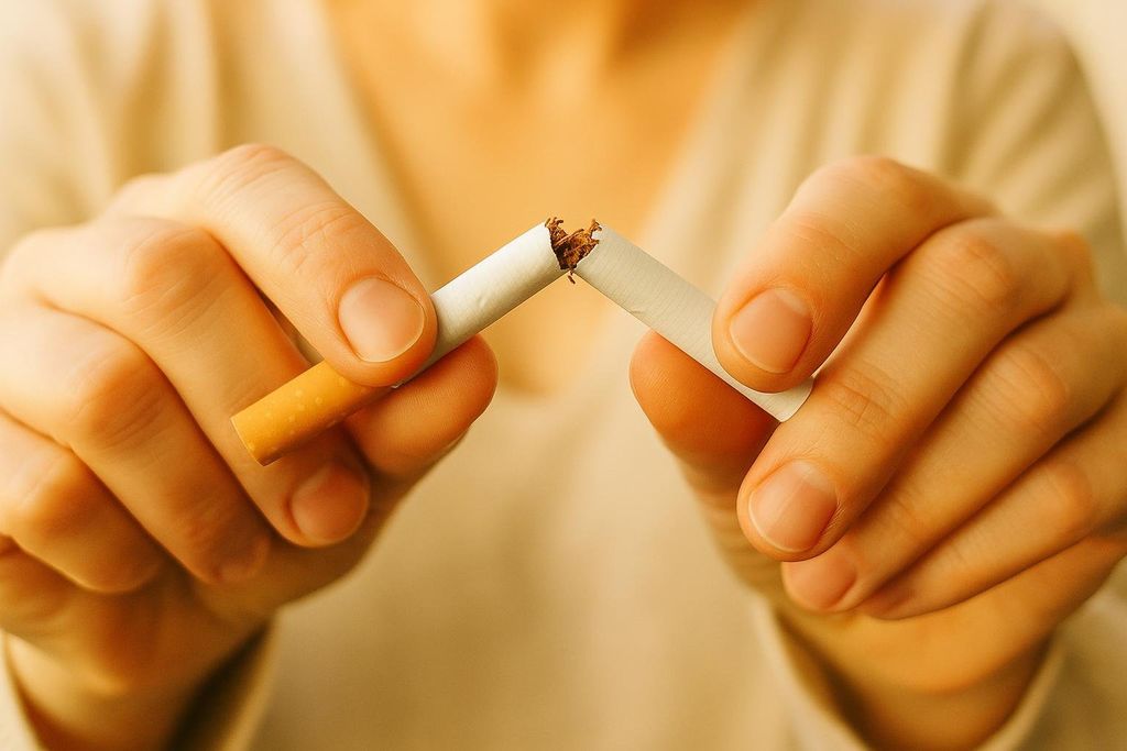 A close-up of two hands snapping a cigarette in half, with visible tobacco spilling out, symbolizing the act of quitting smoking.