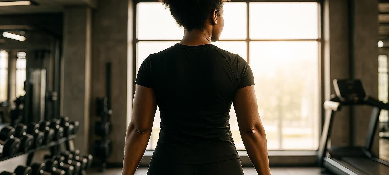 A person from the back, standing in a gym looking out a large window.