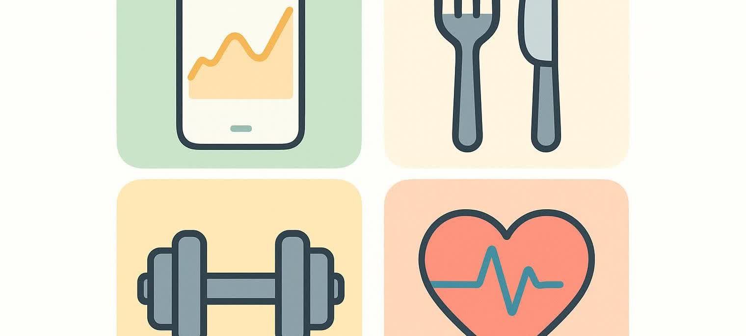 Four icons representing digital weight loss tools: a smartphone with a graph, a fork and knife, a dumbbell, and a heart with a heartbeat line.