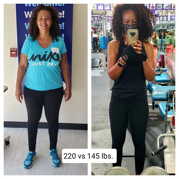 Lisa's before and after pictures showing a transformation from 220 lbs to 145 lbs.