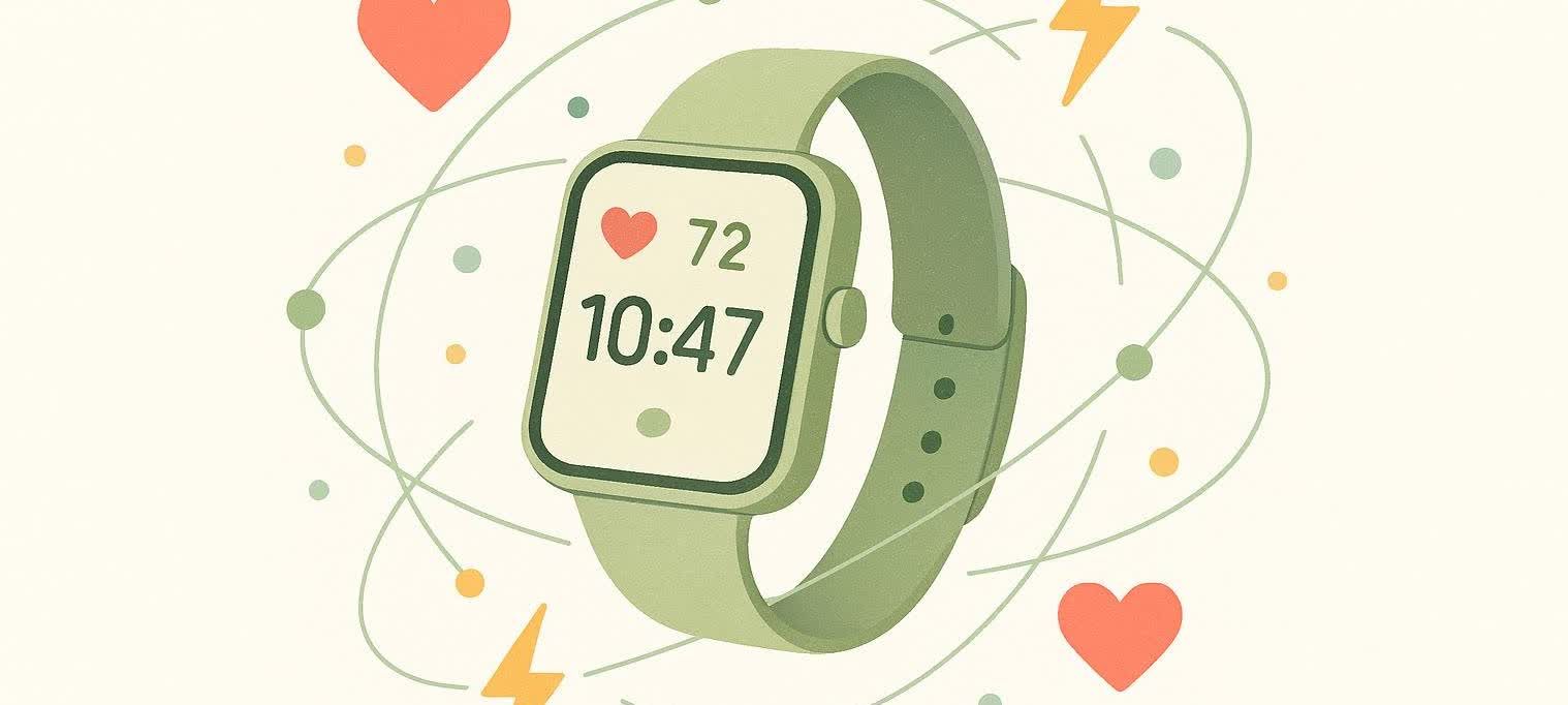 An illustration of a green smartwatch displaying 10:47 and a heart rate of 72, surrounded by floating health data icons like hearts, lightning bolts, and abstract lines and dots, all on a light background.