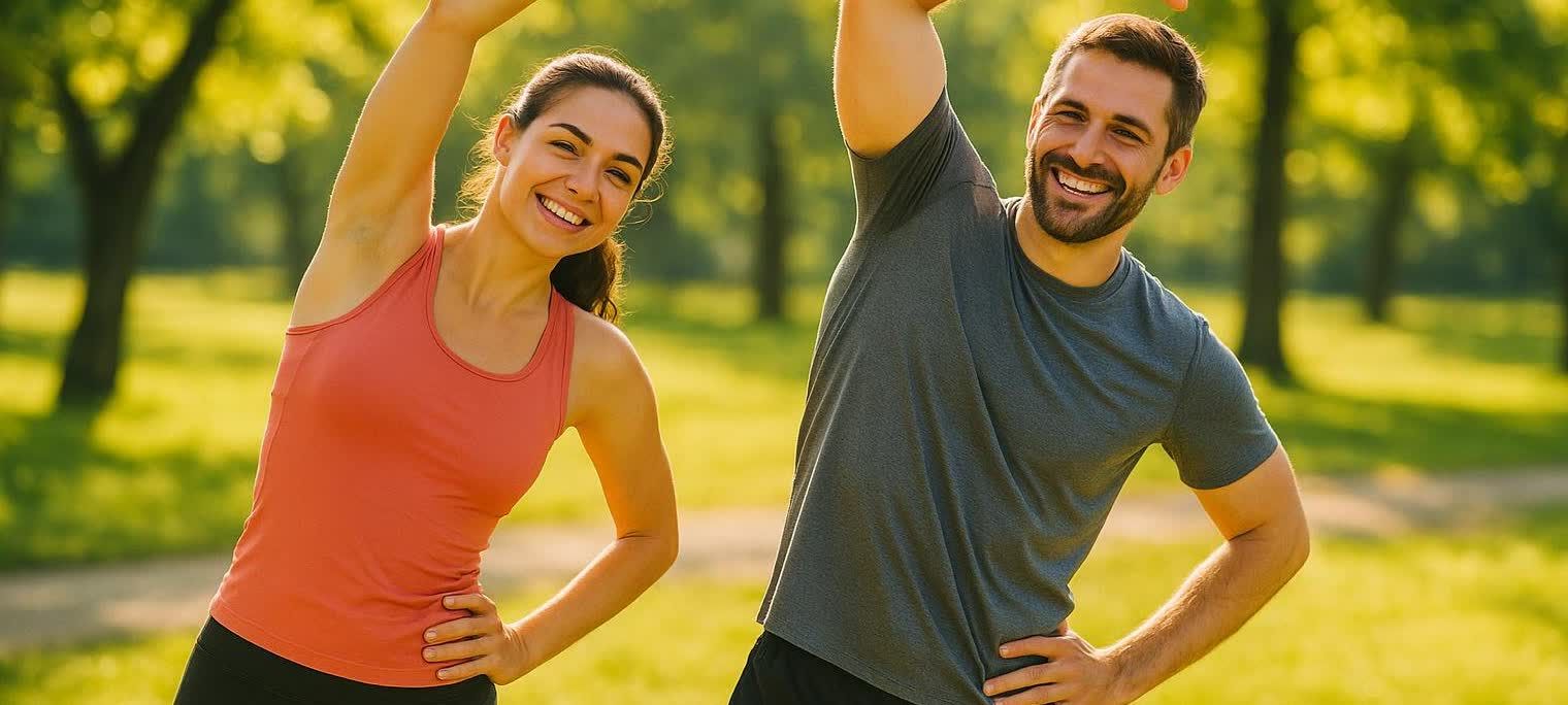 A smiling man and woman stretch side by side outdoors in the morning light, raising their arms above their heads and bending to the side.