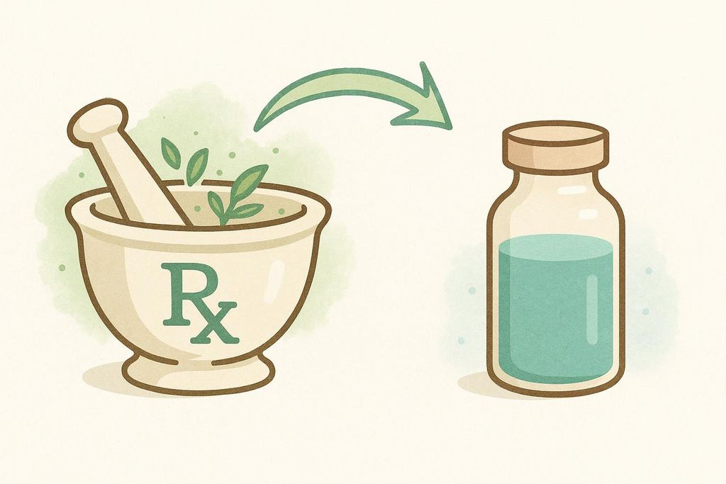 An illustration of a mortar and pestle with leaves and a Rx symbol, indicating a custom preparation. An arrow points from it to a small vial with light blue liquid, representing compounded semaglutide.