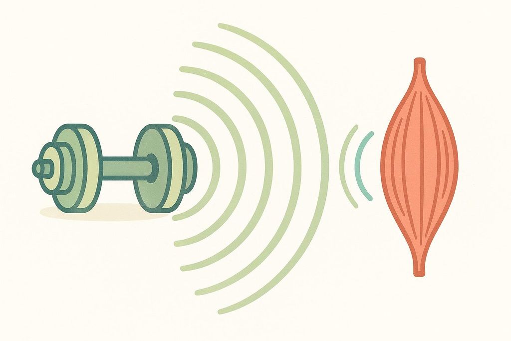 Illustration of a dumbbell sending a growth signal to a muscle fiber, symbolizing that resistance training tells the body to maintain muscle.