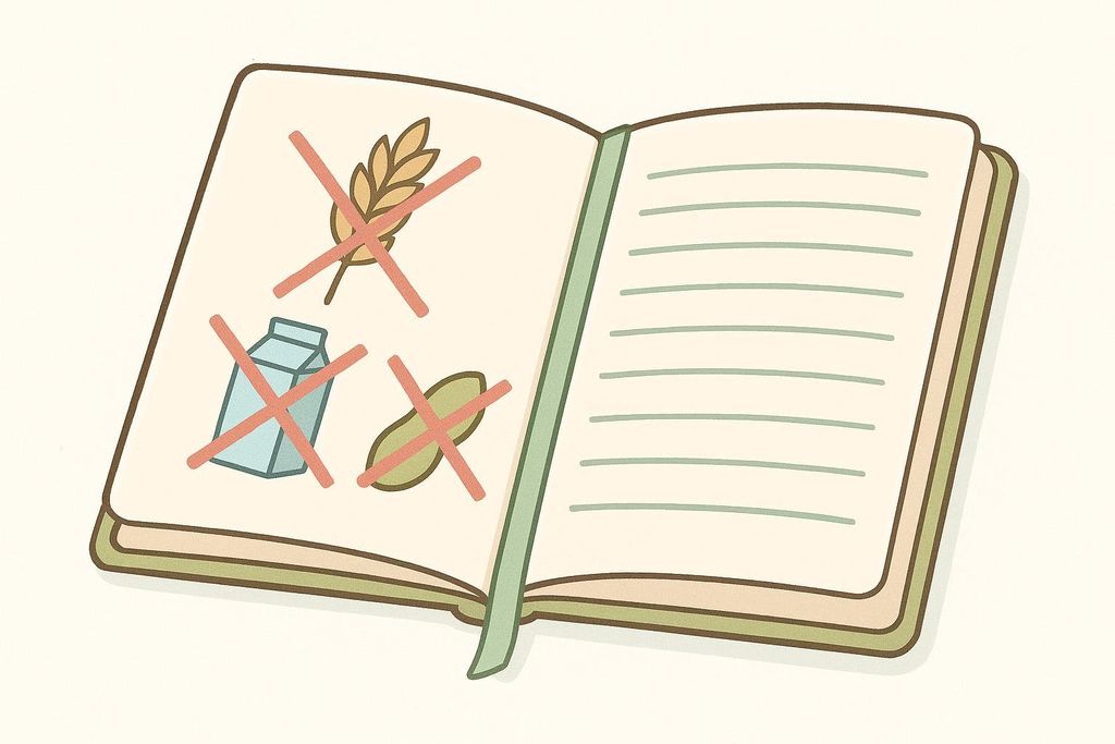 Illustration of an open food journal with a wheat stalk, a milk carton, and a peanut each crossed out on the left page, symbolizing gluten, dairy, and peanut elimination from a diet. The right page is blank with lines for writing, and a green bookmark runs down the center of the journal.