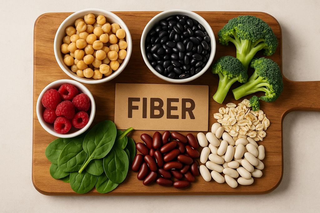 Fresh fiber-rich foods like beans and berries on a cutting board.