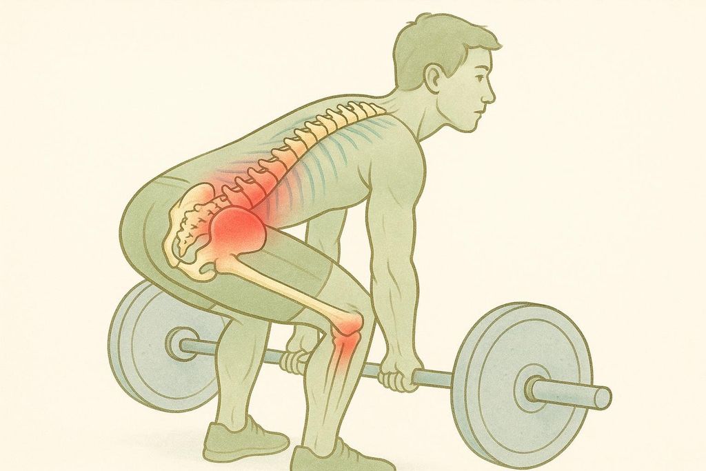 An illustration of a person performing a deadlift. The skeleton is visible, and parts of the spine, pelvis, and knee joint are glowing red, indicating muscle fatigue or strain during the exercise.