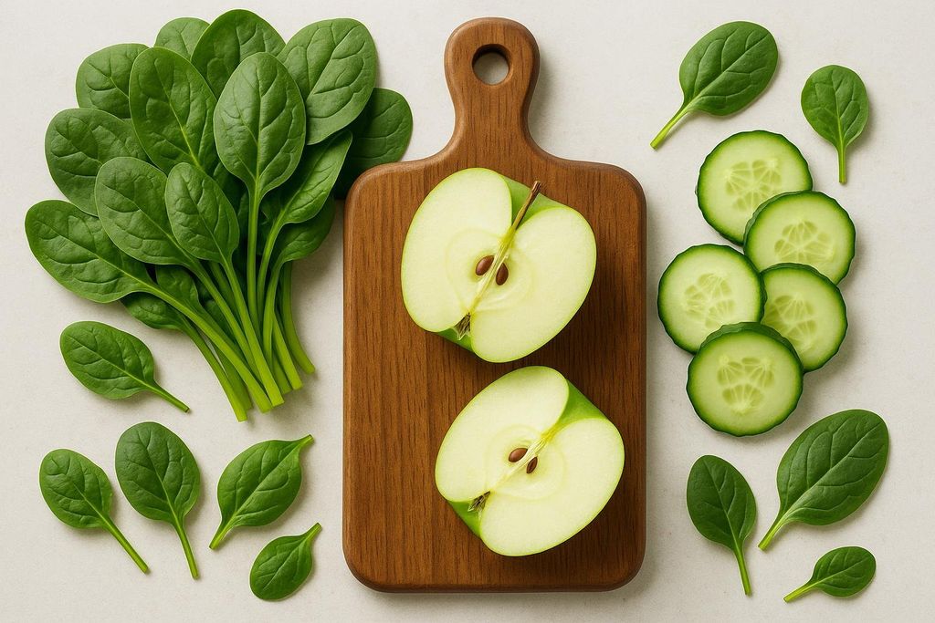 Overhead shot of a wooden cutting board with two halves of a green apple, surrounded by a pile of fresh spinach leaves and slices of cucumber.