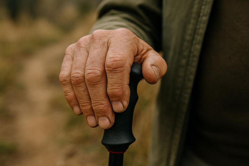 Close up of an older adult's hand gripping a black hiking pole, with a blurred outdoor background. The hand has visible wrinkles and unmanicured nails, suggesting an active, independent lifestyle in nature.