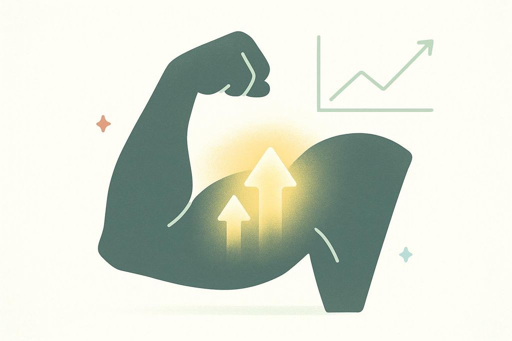 Illustration of a flexing arm with glowing arrows indicating muscle growth and a line graph showing an upward trend.