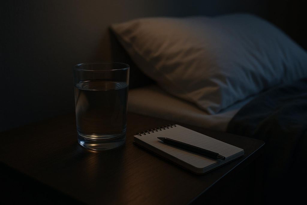 A dark, dimly lit image of a bedside table with a glass of water and a notepad with a pen on it. A soft white pillow and dark bedding are visible in the background, suggesting a bedroom setting ready for rest.