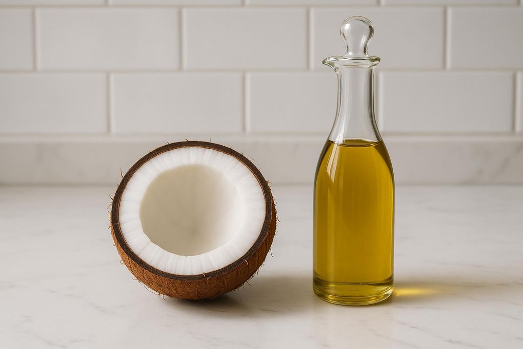 A fresh split coconut showing white meat next to a glass cruet of olive oil on a kitchen counter.