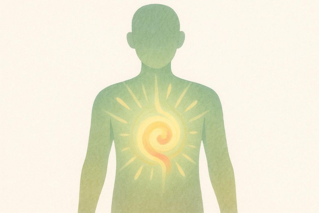An illustration of a human torso, shaded in green and yellow, with a bright, glowing spiral design emanating from the chest area, resembling a heart or solar plexus chakra, against a light off-white background.