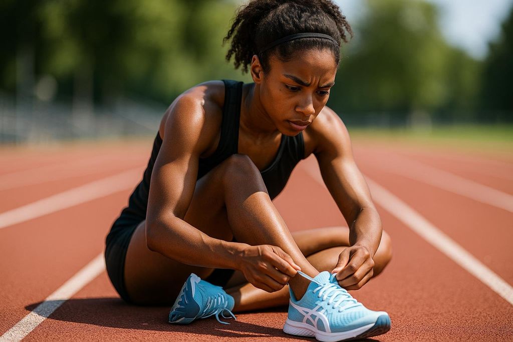 A focused female runner with dark skin and hair, wearing a black tank top and shorts, sitting on a red running track and tying the laces of her light blue athletic shoes.