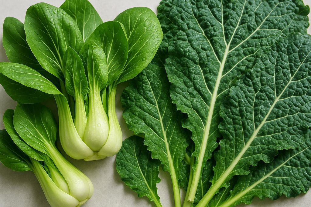 Close-up of fresh bok choy and kale leaves with water droplets.