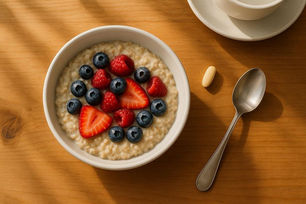 A beige multivitamin pill rests beside a bowl of oatmeal topped with fresh blueberries, raspberries, and sliced strawberries. A silver spoon and a white cup and saucer are also next to the bowl, all on a light wooden table bathed in warm sunlight.