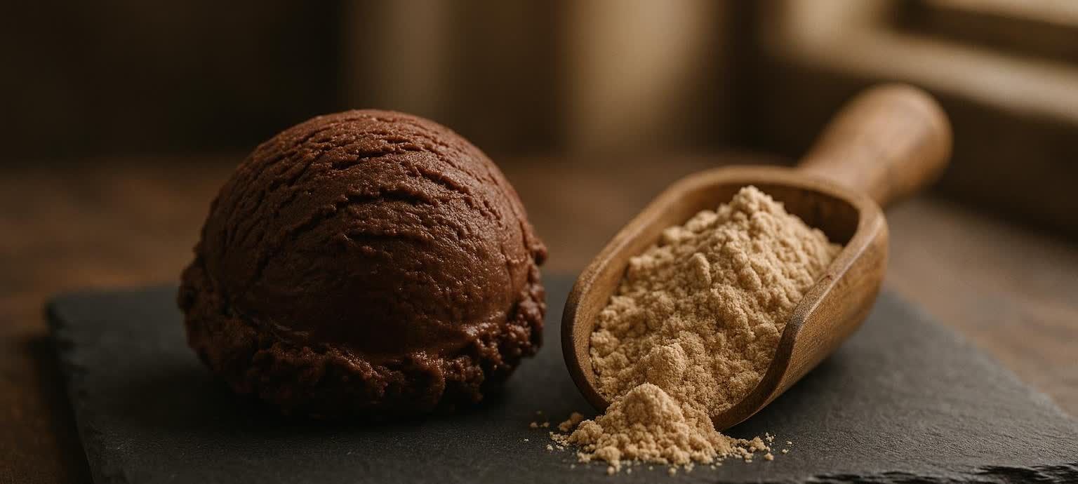 A scoop of rich chocolate protein ice cream sits on a dark slate surface next to a wooden scoop overflowing with light brown protein powder.
