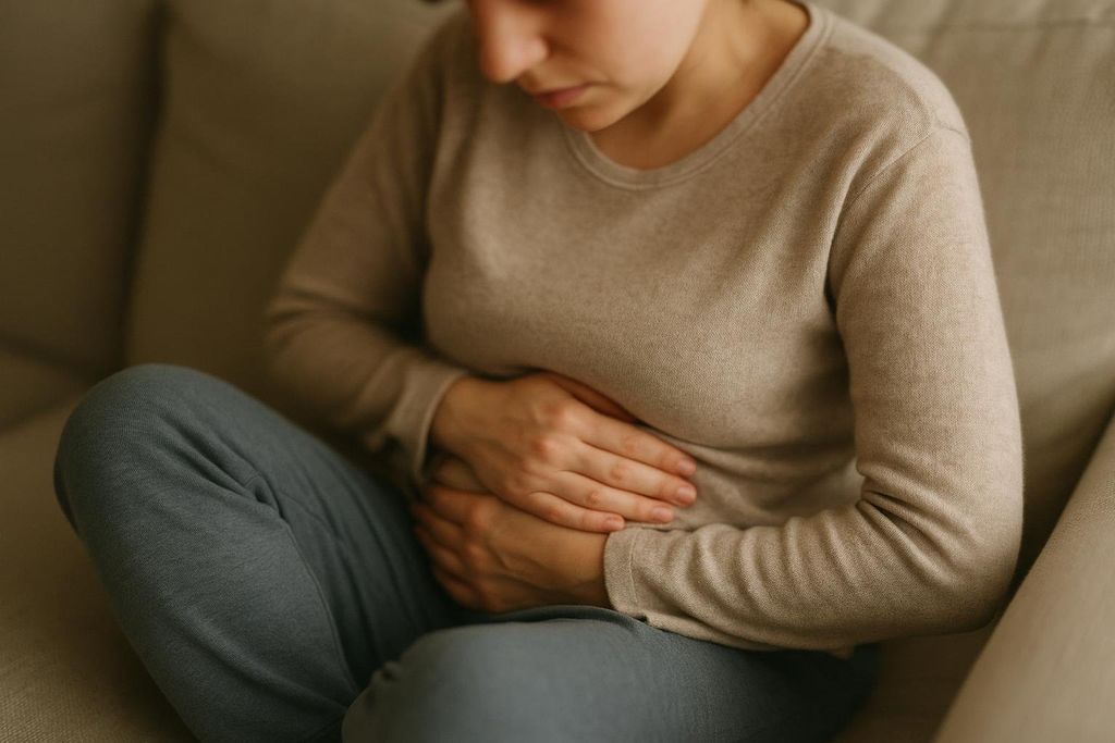 A woman sits on a couch, holding her stomach with both hands, looking down with a pained expression, indicating abdominal discomfort or pain.