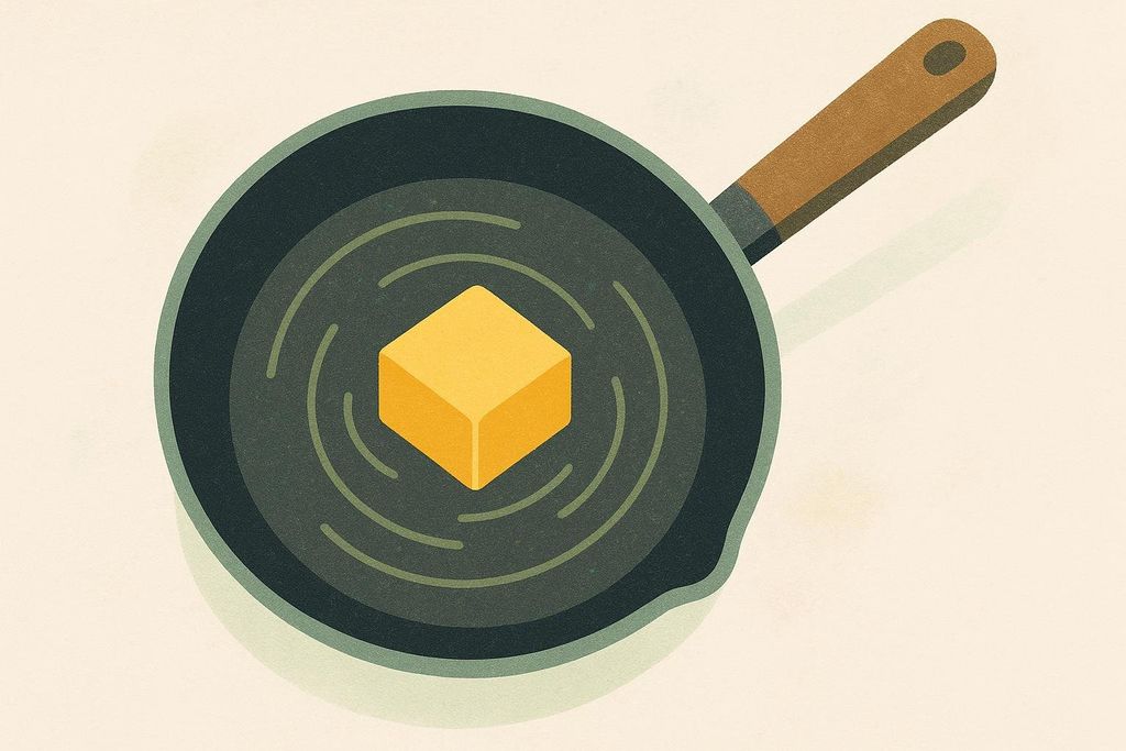 An illustration of a stable block of butter resting happily in a modern frying pan.