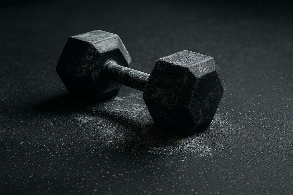 Hexagonal dumbbell with gym chalk on a rubber mat